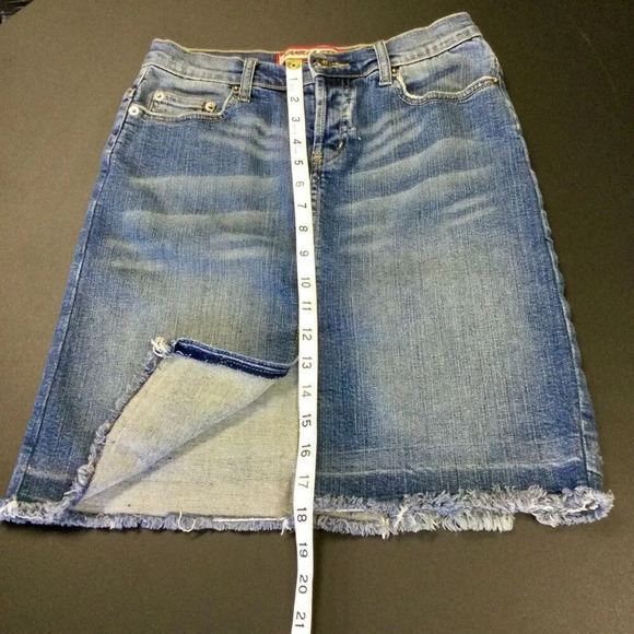 VTG Vanilla Star Womens 7 Denim Mini Skirt Blue Pockets Raw Frayed Hem Stretch - Picture 7 of 10
